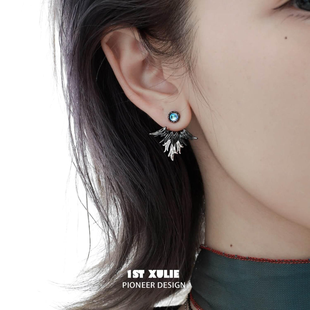 1ST XULIE "Lucifer" Statement Angel Wing Cherub Stud Earrings in Platinum Plated - On Model