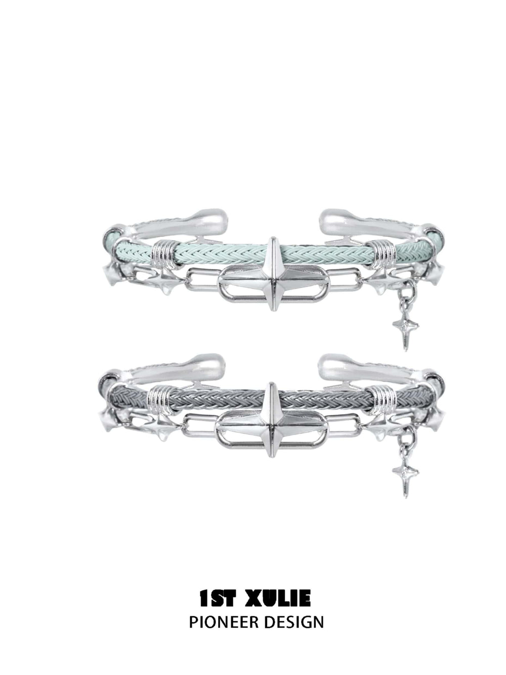 1ST XULIE "Star Trails" Statement Braided Cord Cuff Bracelet in Platinum Plated Brass - Side View