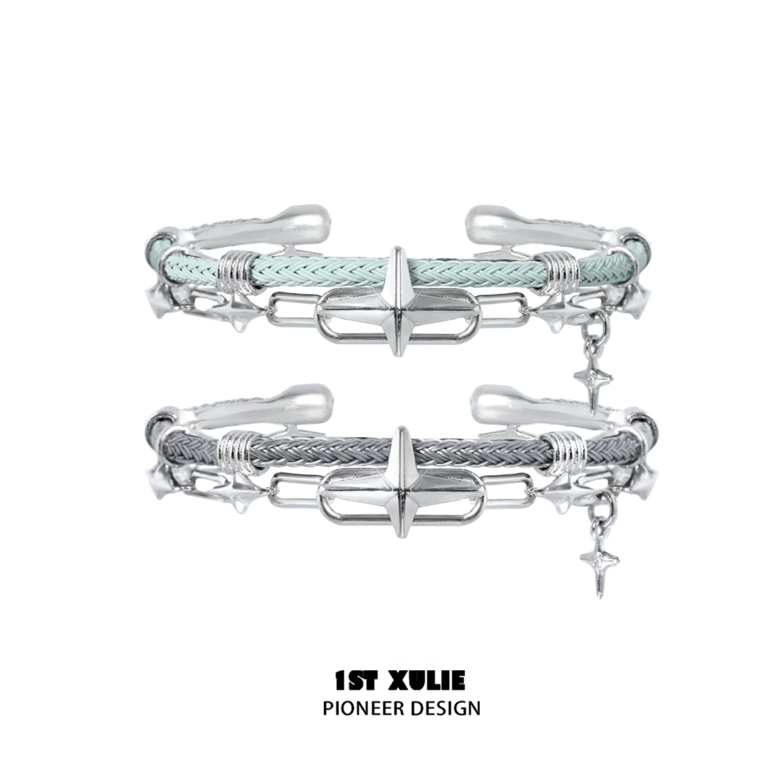 1ST XULIE "Star Trails" Statement Braided Cord Cuff Bracelet in Platinum Plated Brass - Angle View