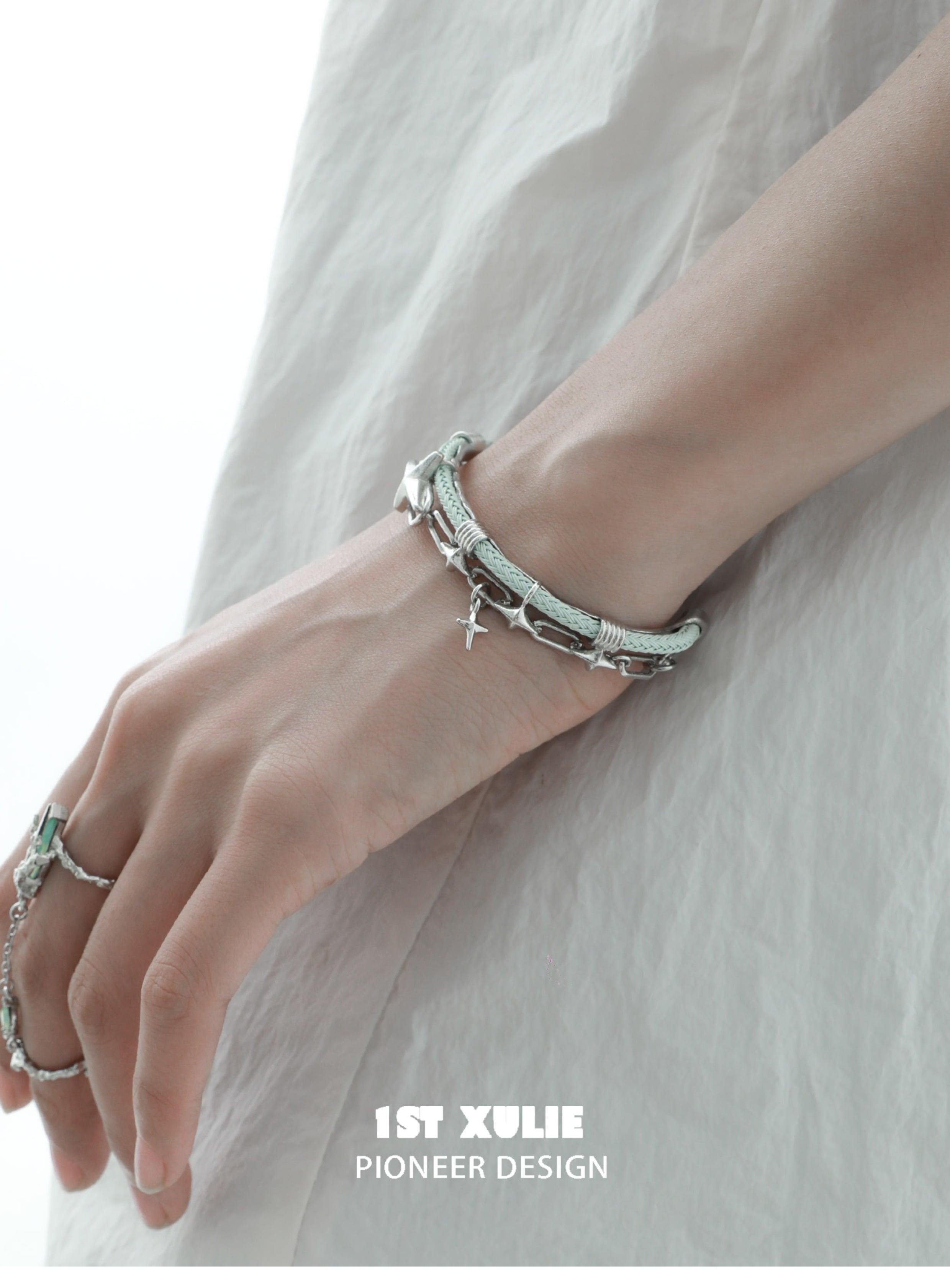 1ST XULIE "Star Trails" Statement Braided Cord Cuff Bracelet in Platinum Plated Brass - Detail Shot