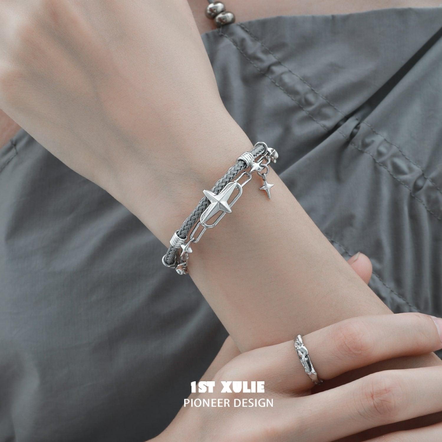 1ST XULIE "Star Trails" Statement Braided Cord Cuff Bracelet in Platinum Plated Brass - End Cap Detail