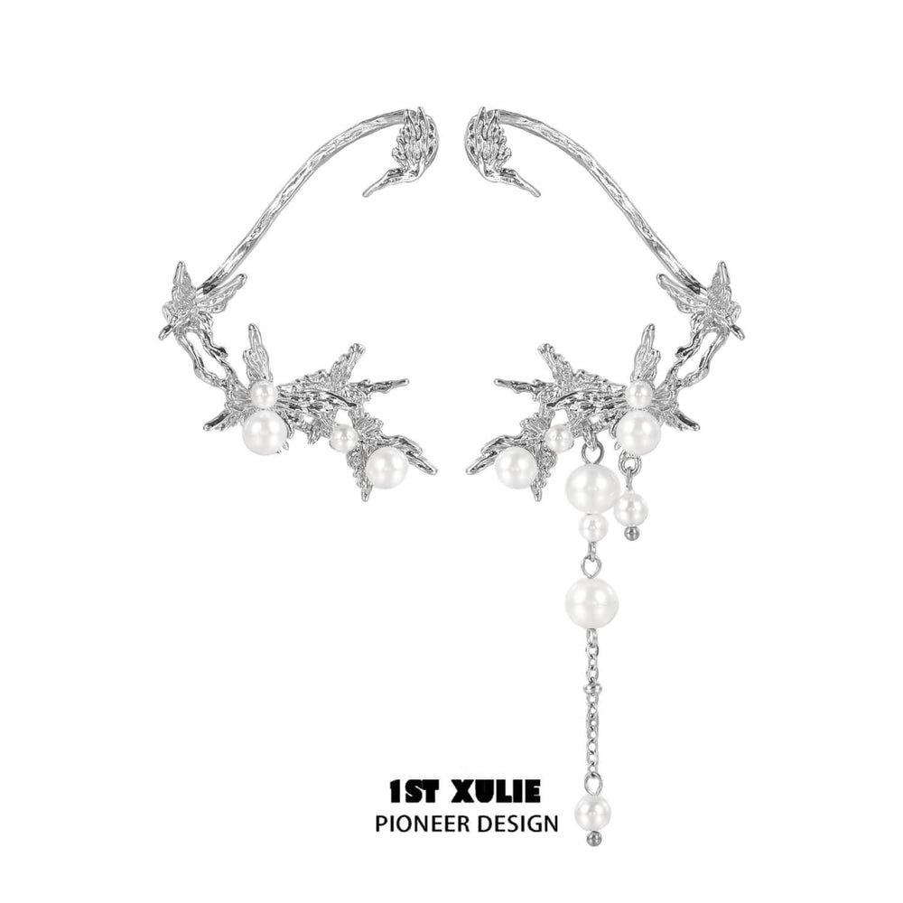 1ST XULIE "Whiterfly" Statement Butterfly Pearl Ear Wraps in Platinum Plated - Back View
