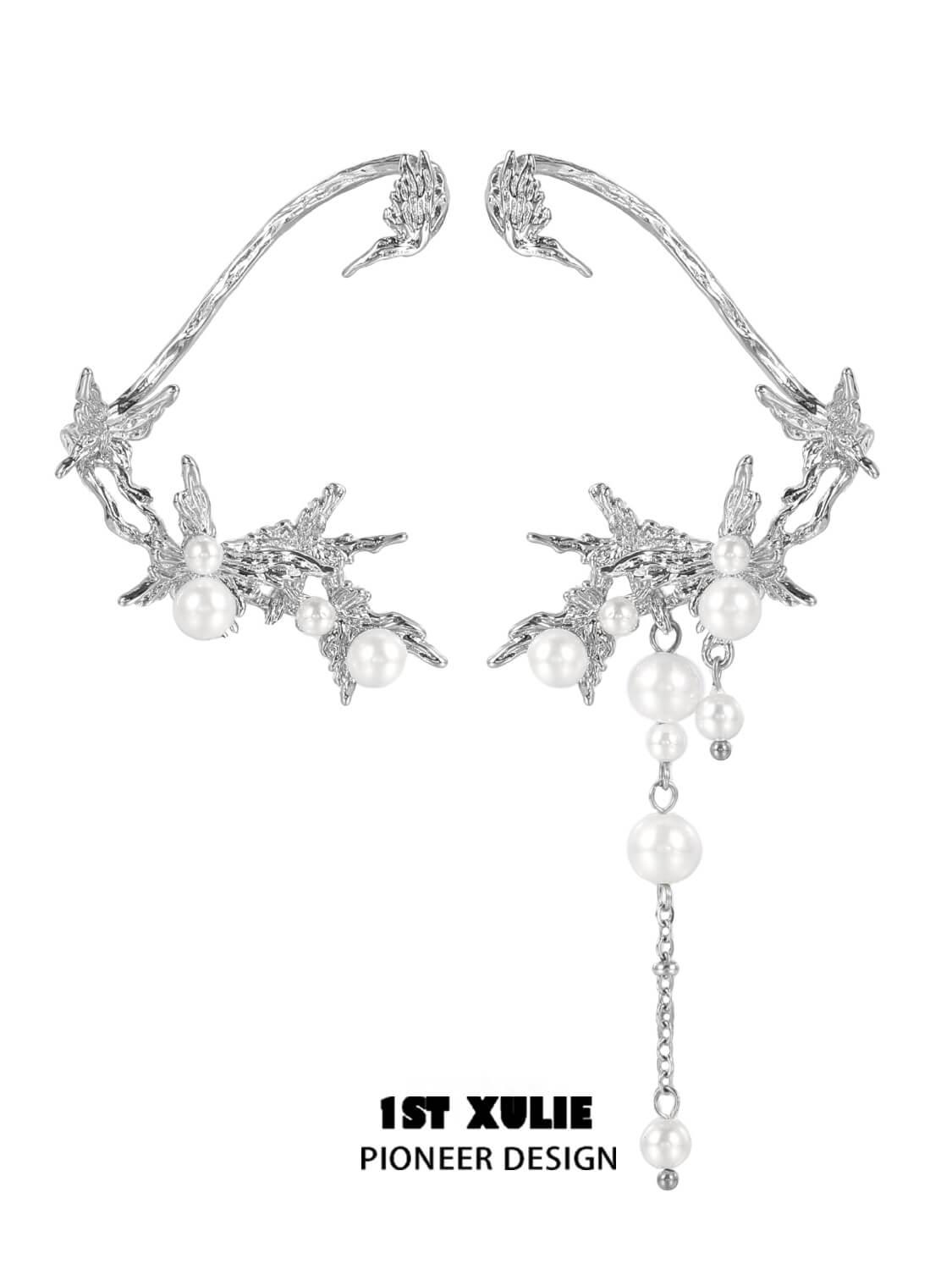 1ST XULIE "Whiterfly" Statement Butterfly Pearl Ear Wraps in Platinum Plated - Product View