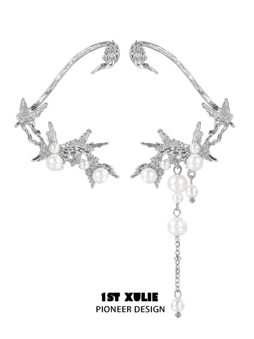 1ST XULIE "Whiterfly" Statement Butterfly Pearl Ear Wraps in Platinum Plated - Product View