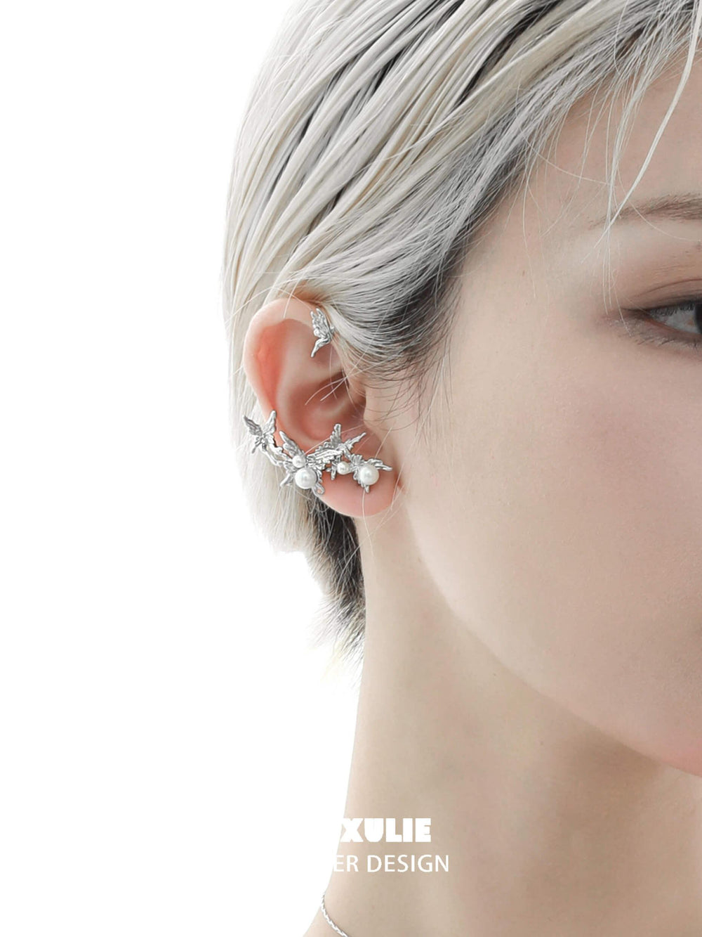 1ST XULIE "Whiterfly" Statement Butterfly Pearl Ear Wraps in Platinum Plated - On Model