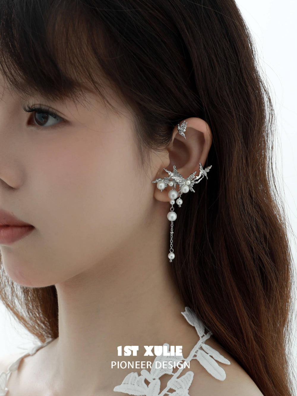 1ST XULIE "Whiterfly" Statement Butterfly Pearl Ear Wraps in Platinum Plated - On Model Close-Up