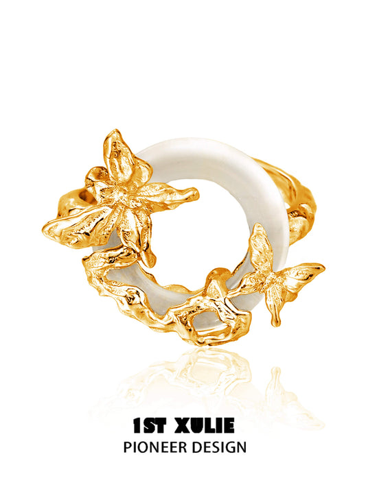 1ST XULIE "Whiterfly" Statement Butterfly White Onyx Adjustable Ring in 925 Sterling Silver & 24k Gold Plate - Product View