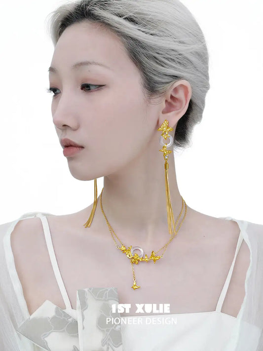 1ST XULIE "Whiterfly" Statement Butterfly Wing Tassel Earrings in 24K Gold Plated with White Chalcedony - Side View