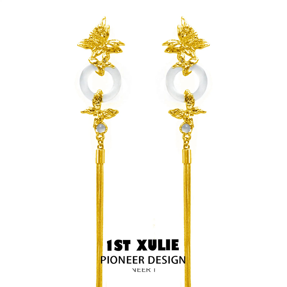 1ST XULIE "Whiterfly" Statement Butterfly Wing Tassel Earrings in 24K Gold Plated with White Chalcedony - Product View