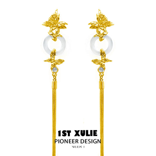 1ST XULIE "Whiterfly" Statement Butterfly Wing Tassel Earrings in 24K Gold Plated with White Chalcedony - Product View