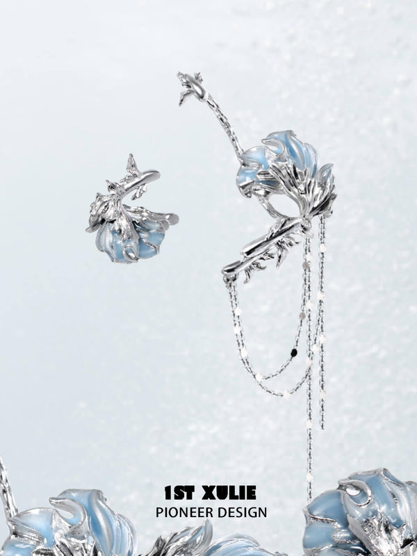 "The Sea" Platinum Plated Statement Cascading Tassel Ear Wraps, Dangle Ear Clips
