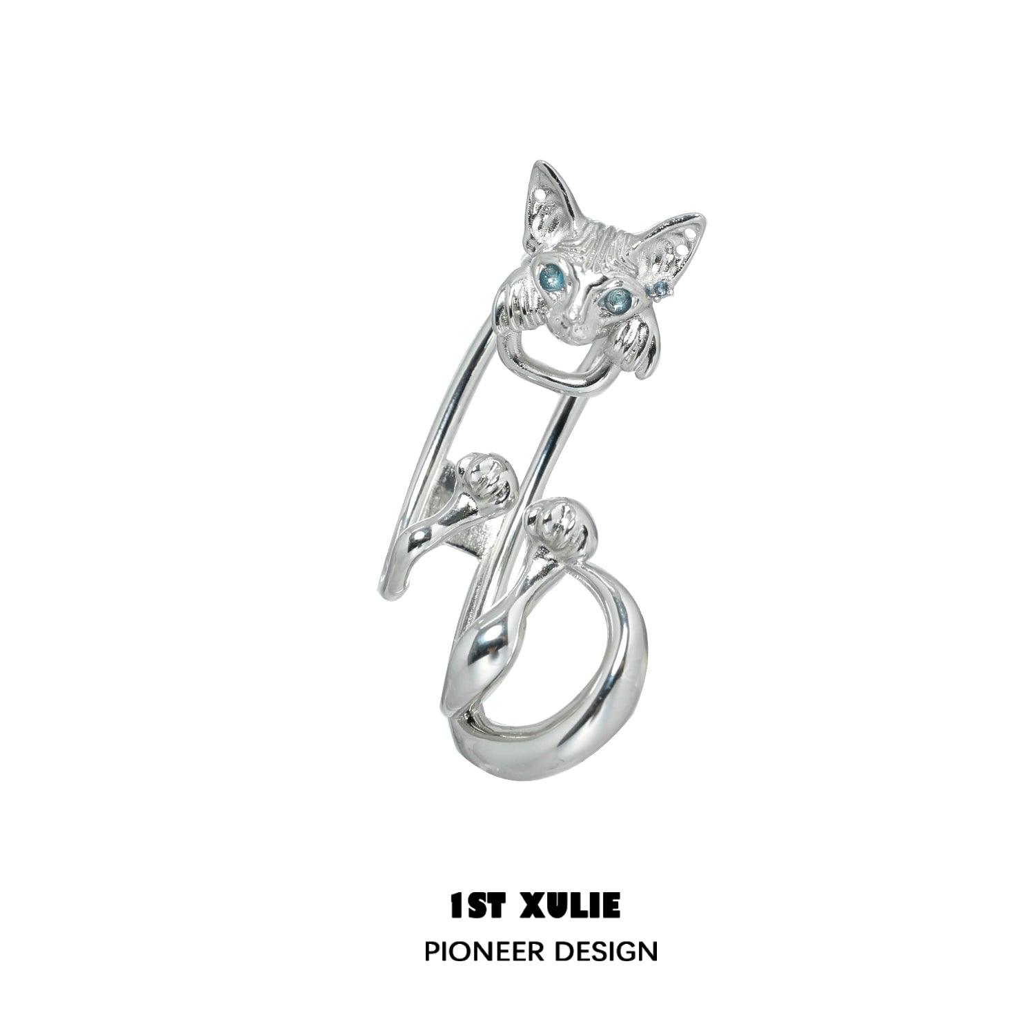 1ST XULIE "Cat's Gaze" Statement Cat Head Ear Clips in Platinum Plated - On Model Close-up
