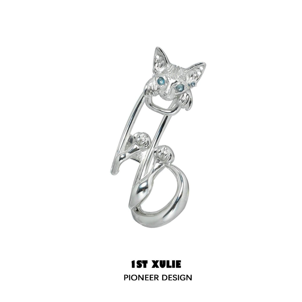1ST XULIE "Cat's Gaze" Statement Cat Head Ear Clips in Platinum Plated - On Model Close-up