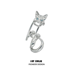 1ST XULIE "Cat's Gaze" Statement Cat Head Ear Clips in Platinum Plated - On Model Close-up