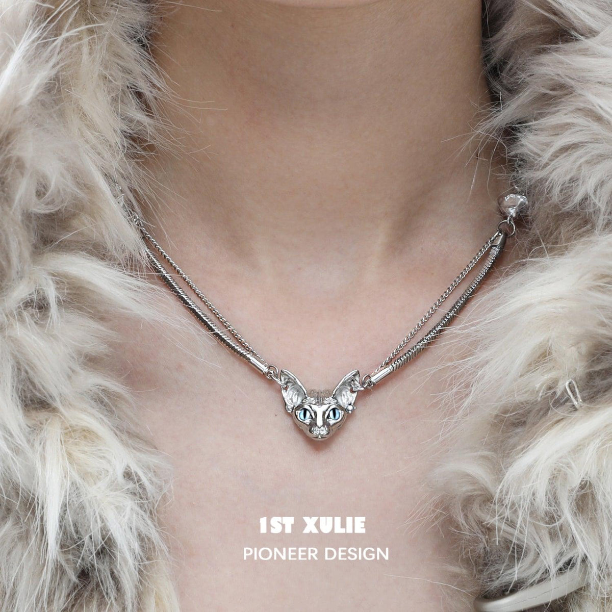 1ST XULIE "Cat's Gaze" Statement Cat Head Pendant Choker in Platinum Plated Brass - Product View