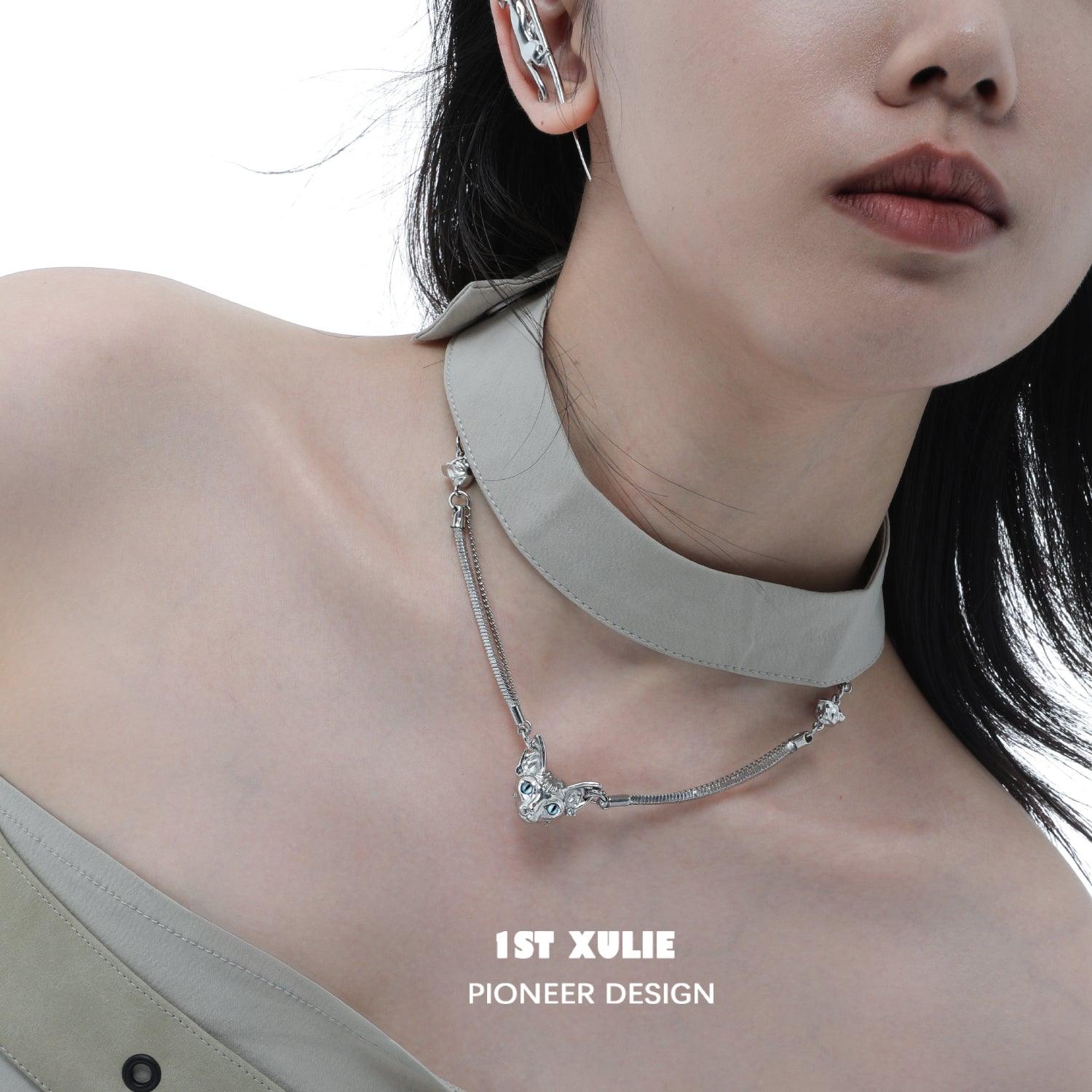 1ST XULIE "Cat's Gaze" Statement Cat Head Pendant Choker in Platinum Plated Brass - On Model Close-Up