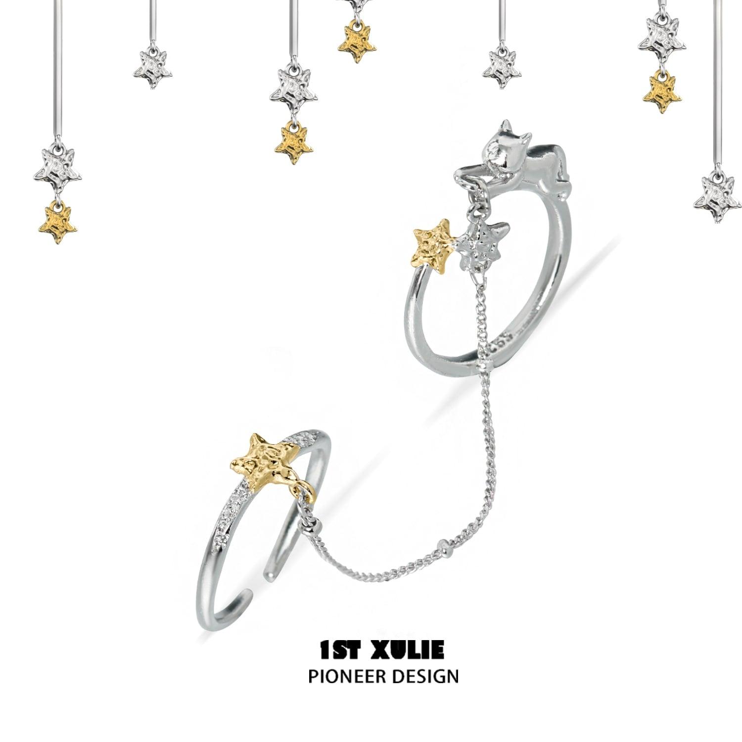 1ST XULIE "CAT'S GAZE" Statement Chain Cat Ring in 925 Sterling Silver - Product View