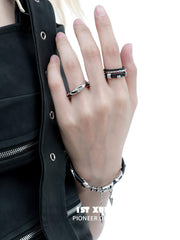 1ST XULIE "Black Mirror" Statement Cowhide Cuff Bracelet in Platinum Plated Brass - Angle View