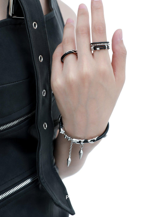 1ST XULIE "Black Mirror" Statement Cowhide Cuff Bracelet in Platinum Plated Brass - On Model
