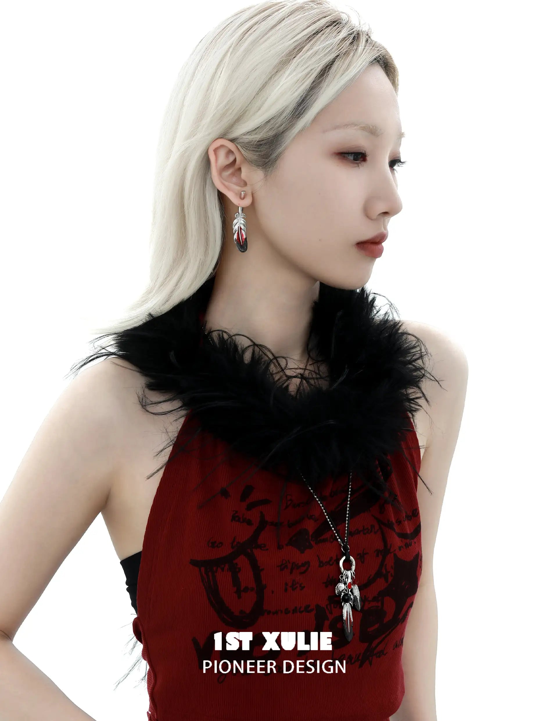 1ST XULIE "Soaring Cranes" Statement Crane Feather Pendant Necklace in Platinum Plated Brass - Lifestyle Shot