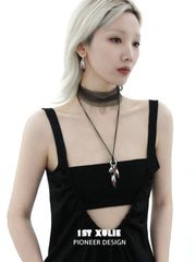 1ST XULIE "Soaring Cranes" Statement Crane Feather Pendant Necklace in Platinum Plated Brass - On Model