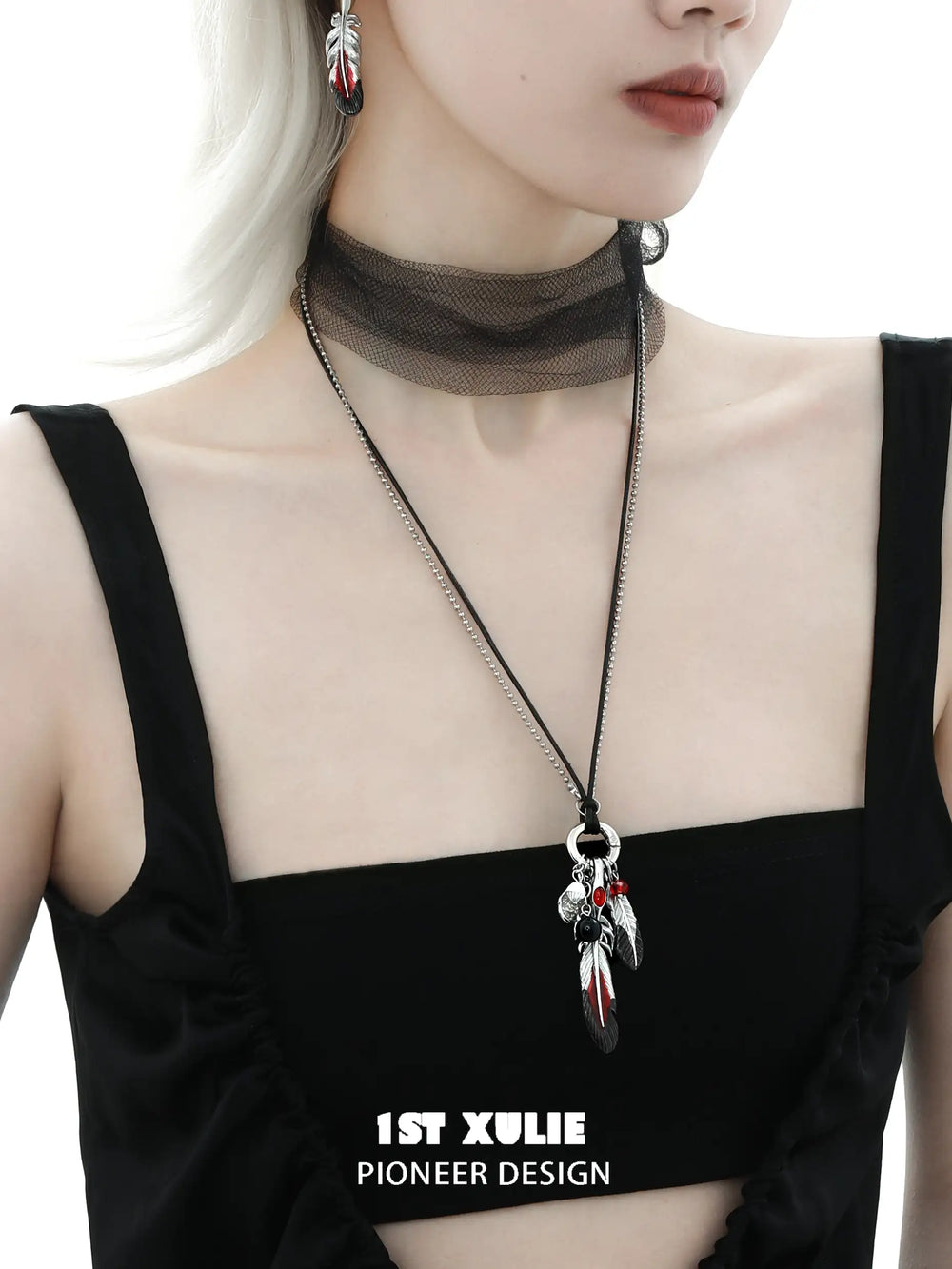 1ST XULIE "Soaring Cranes" Statement Crane Feather Pendant Necklace in Platinum Plated Brass - On Model