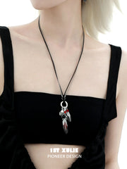 1ST XULIE "Soaring Cranes" Statement Crane Feather Pendant Necklace in Platinum Plated Brass - On Model Close-Up
