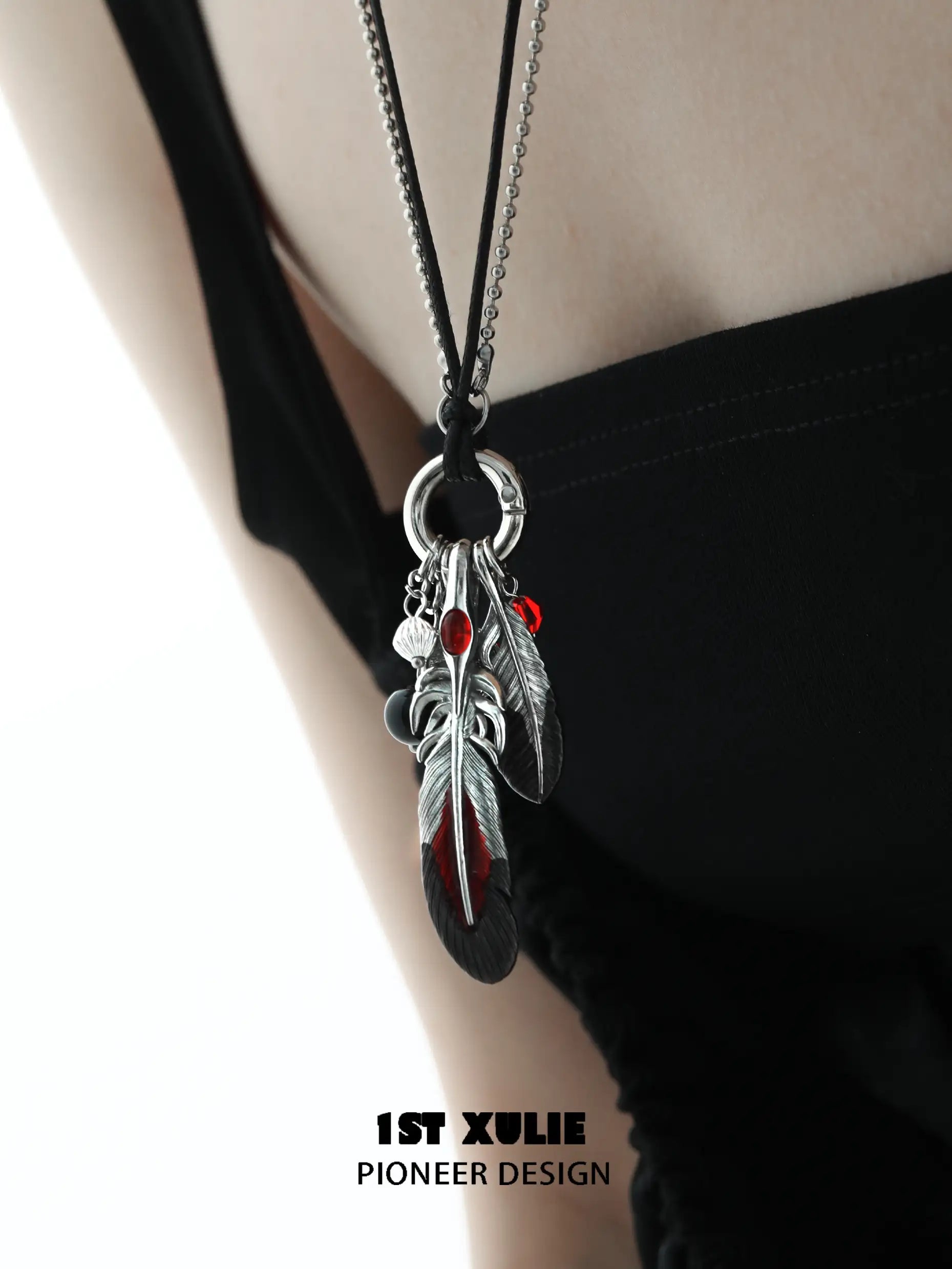 1ST XULIE "Soaring Cranes" Statement Crane Feather Pendant Necklace in Platinum Plated Brass - Texture Detail