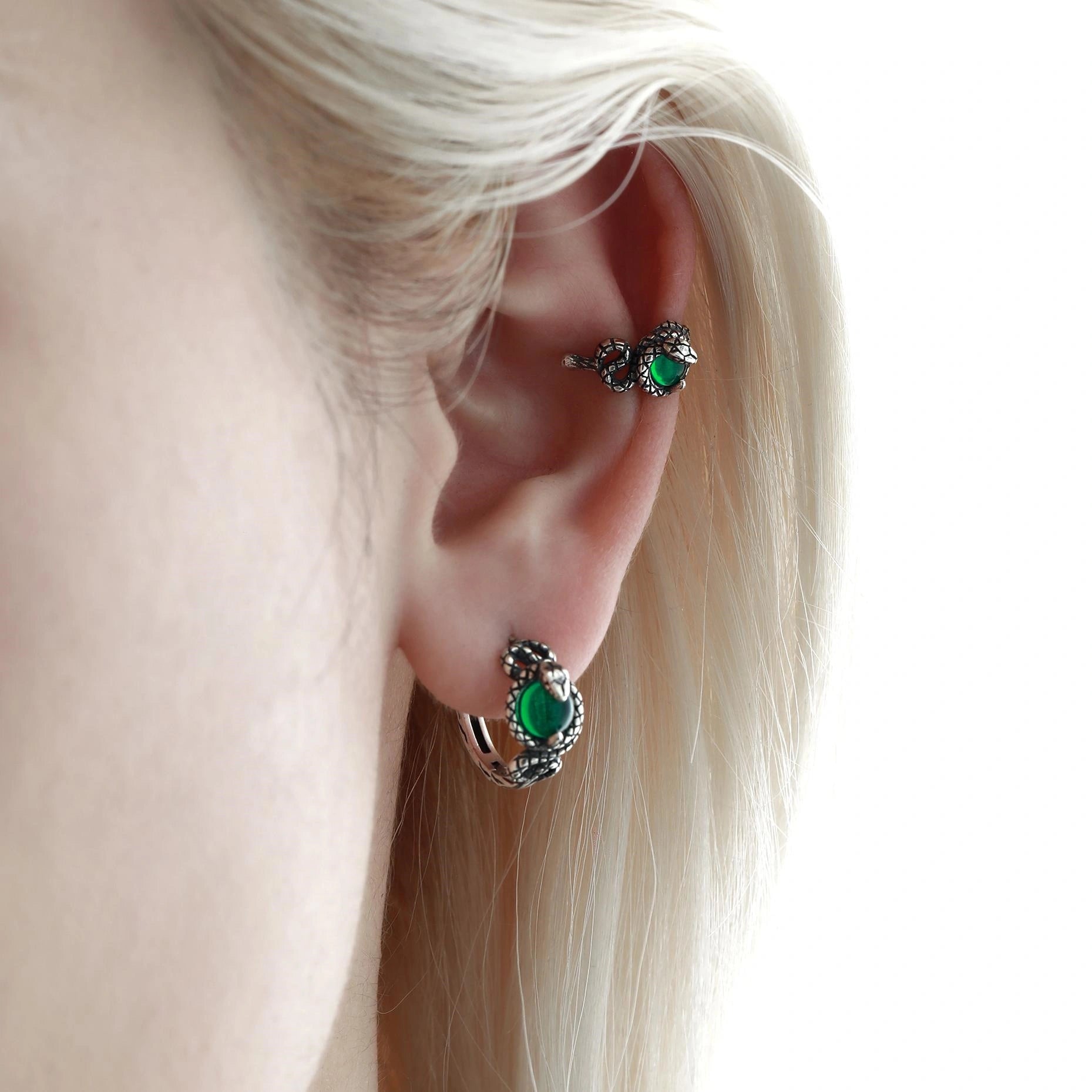 1ST XULIE "Snake Bite" Statement Crystal Snake Ear Cuffs in 925 Sterling Silver - On Model Close Up