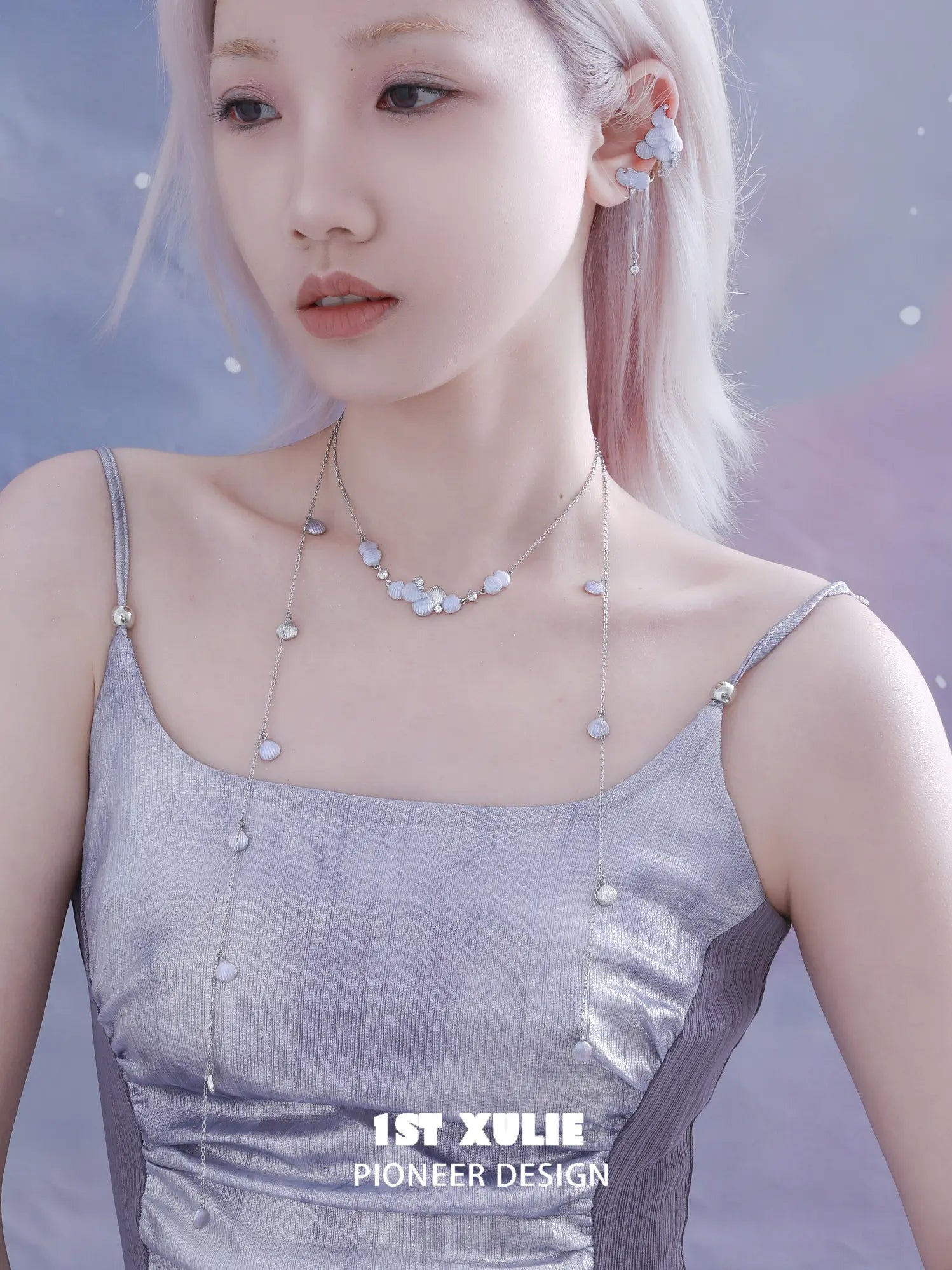 1ST XULIE Jewelry "ATLANTIS" Statement Fish Scale Lariat Necklace in Platinum Plated - Detail Shot