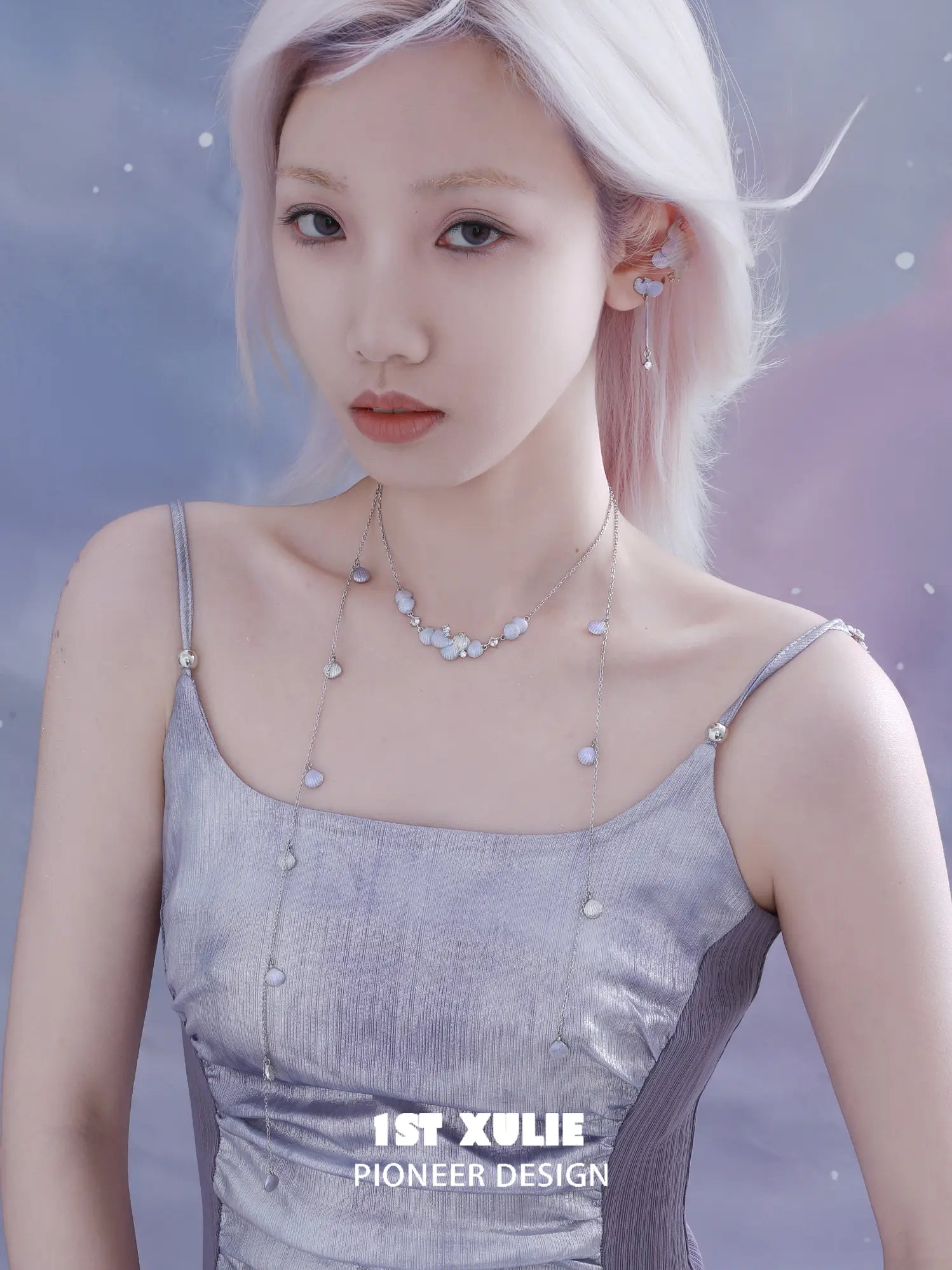 1ST XULIE Jewelry "ATLANTIS" Statement Fish Scale Lariat Necklace in Platinum Plated - Side View