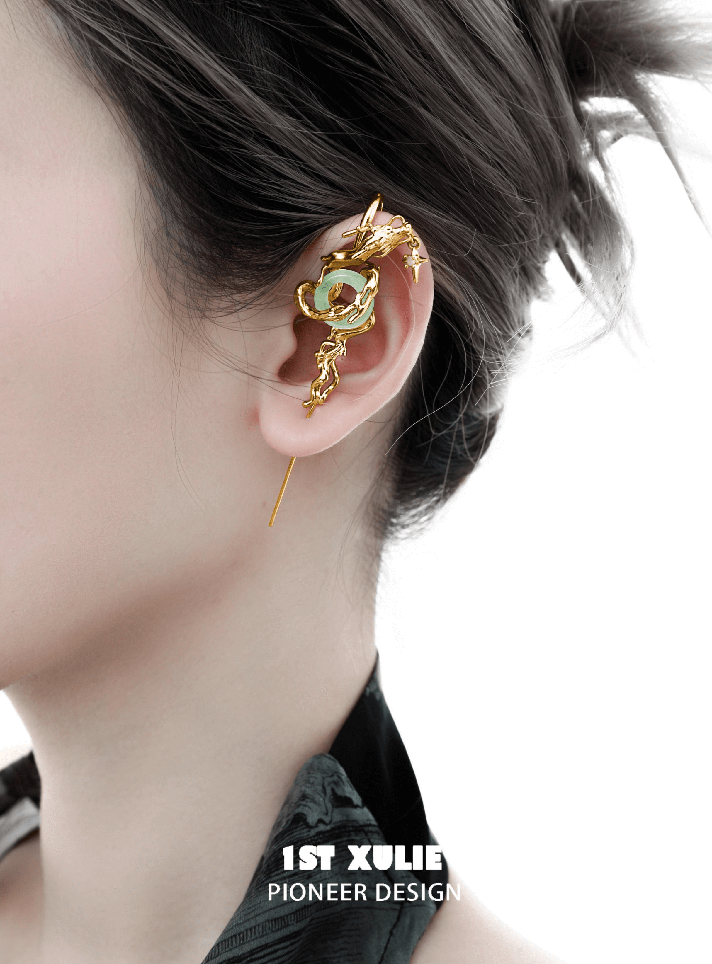 1ST XULIE "Loong" Statement Flowing Dragon Dangle Earrings in Platinum Plated - Detail Shot