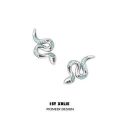 1ST XULIE "Frozen Serpent Girl" Statement Icy Blue Snake Earrings in Platinum Plated - Close-up Detail