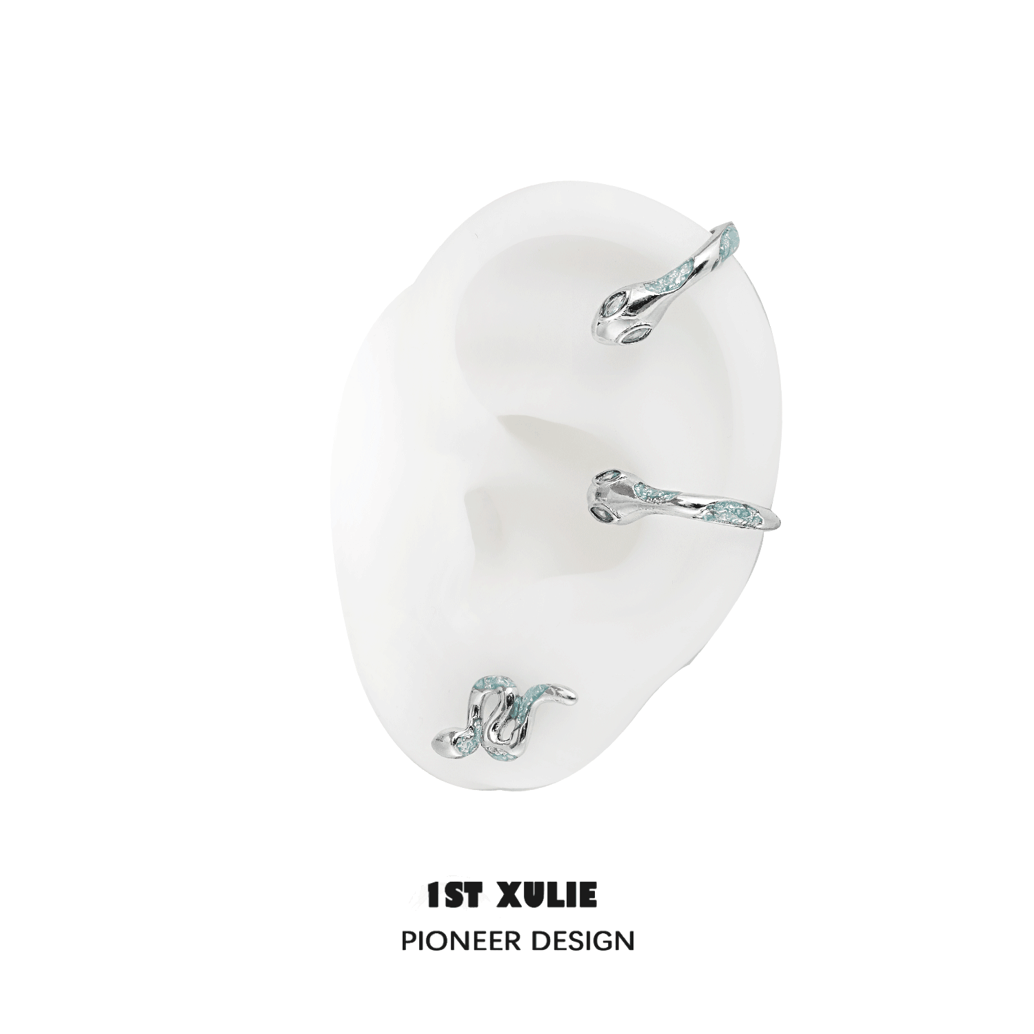 1ST XULIE "Frozen Serpent Girl" Statement Icy Blue Snake Earrings in Platinum Plated - On Model