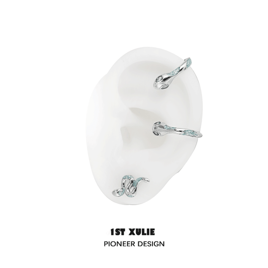 1ST XULIE "Frozen Serpent Girl" Statement Icy Blue Snake Earrings in Platinum Plated - On Model
