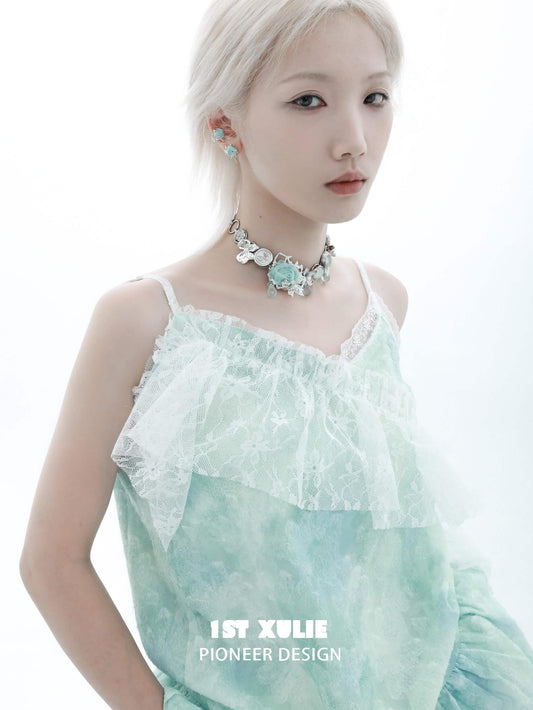 1ST XULIE "Taboo Rose" Statement Knitted Rose Choker Necklace in Platinum Plated - On Model