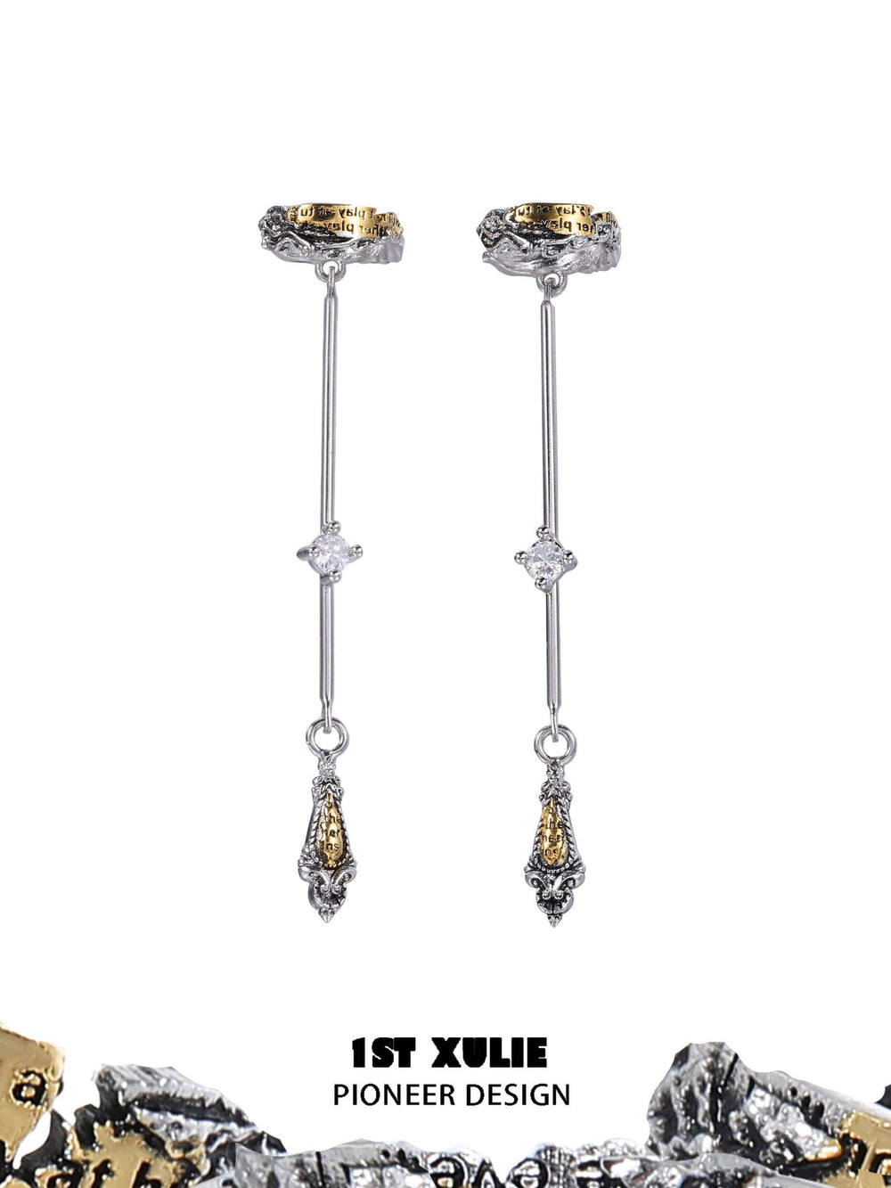 1ST XULIE "Immortal Lover" Statement Love Letter Tassel Dangle Ear Cuffs in Platinum Plated - Product View