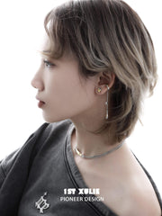 1ST XULIE "Immortal Lover" Statement Love Letter Tassel Dangle Ear Cuffs in Platinum Plated - On Model Close-Up