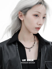 1ST XULIE "Black Mirror" Statement Mirror Leather Choker Necklace in Platinum Plated - On Model