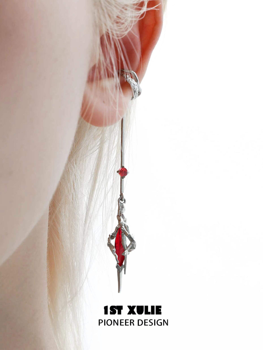 1ST XULIE "Star Trails" Statement Moissanite Tassel Dangle Ear Cuffs in Rhodium Plated - Product View