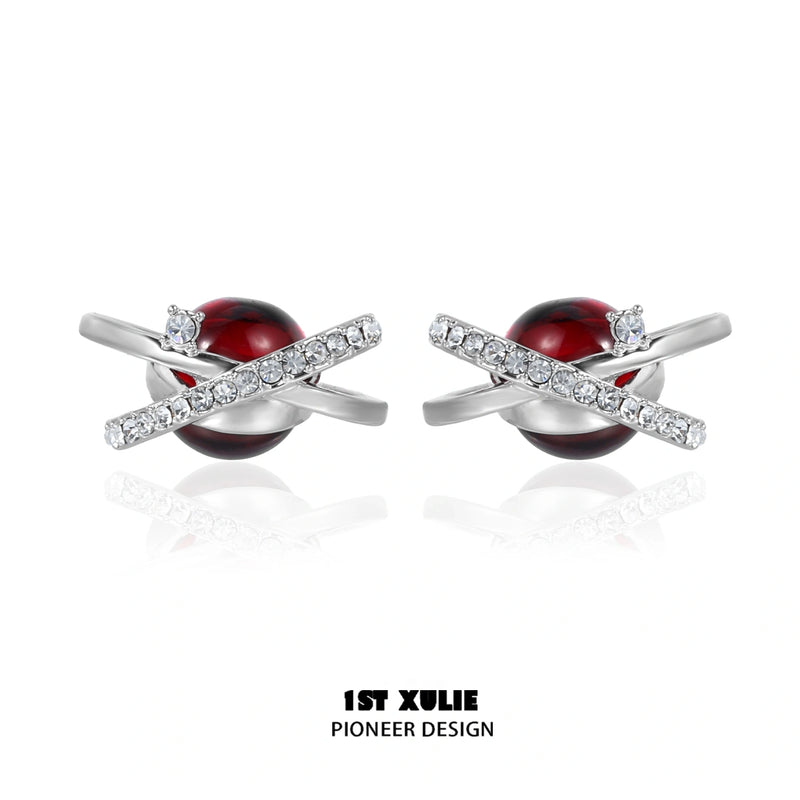 1ST XULIE "Red Nebula" Statement Stud Earrings in Platinum Plated Brass - Product View