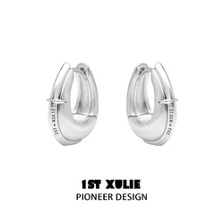 1ST XULIE "Black Mirror" Statement Sculptural Mirror Huggie Hoops in Platinum Plated - Angled View
