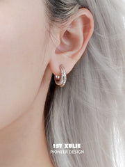 1ST XULIE "Black Mirror" Statement Sculptural Mirror Huggie Hoops in Platinum Plated - On Model