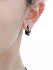 1ST XULIE "Black Mirror" Statement Sculptural Mirror Huggie Hoops in Platinum Plated - On Model Close-Up