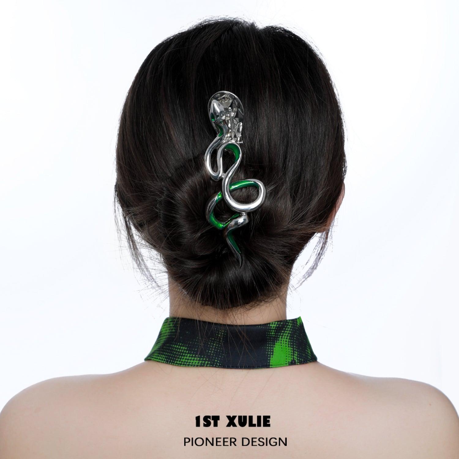 1ST XULIE "Sappho's Serpent" Platinum Plated Statement Serpent Spirit Hairpin - Side View