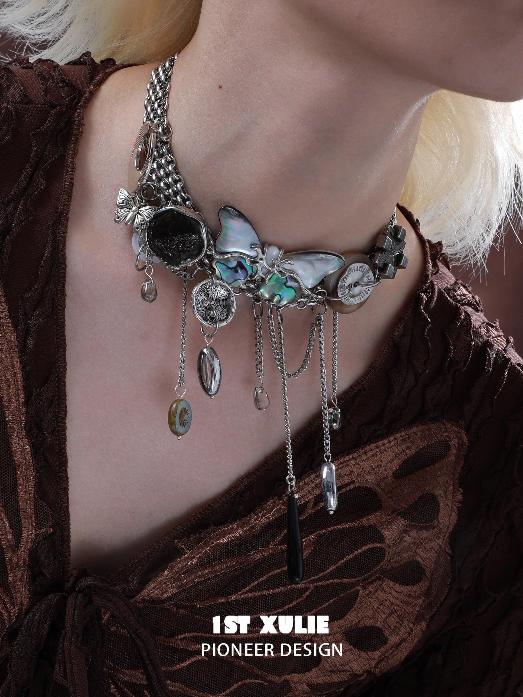 1ST XULIE "ButterflyWasteland" Statement Shell Butterfly Choker Necklace in Platinum Plated - Product View