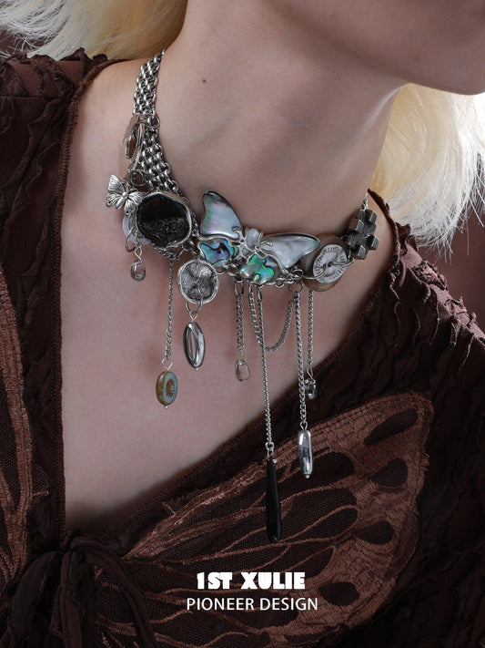 1ST XULIE "ButterflyWasteland" Statement Shell Butterfly Choker Necklace in Platinum Plated - Product View