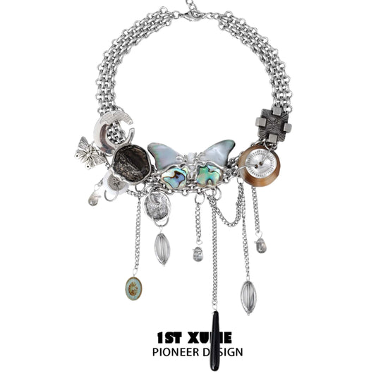 1ST XULIE "ButterflyWasteland" Statement Shell Butterfly Choker Necklace in Platinum Plated - On Model