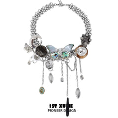 1ST XULIE "ButterflyWasteland" Statement Shell Butterfly Choker Necklace in Platinum Plated - On Model
