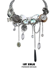 1ST XULIE "ButterflyWasteland" Statement Shell Butterfly Choker Necklace in Platinum Plated - On Model Close-Up